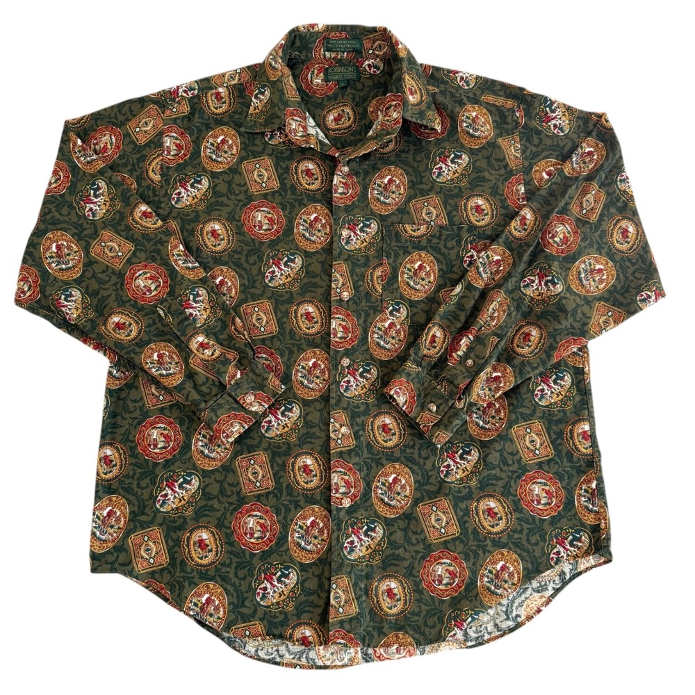 ROBINSONS PRIVATE STOCK Large Green Hunting All Over Print Button Up Men's Shirt